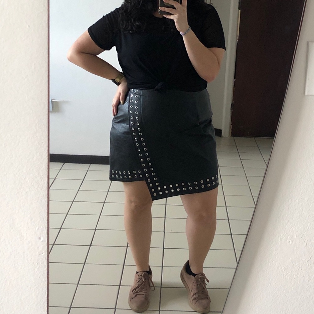 Faux leather asymmetrical studded mini skirt